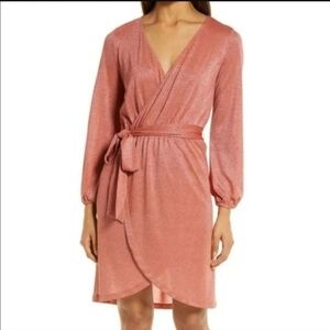 Halogen Long Sleeved Sparkle Wrap Dress in Rust Marsala